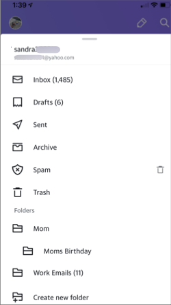 Inmage of folders in the Yahoo Mail app.